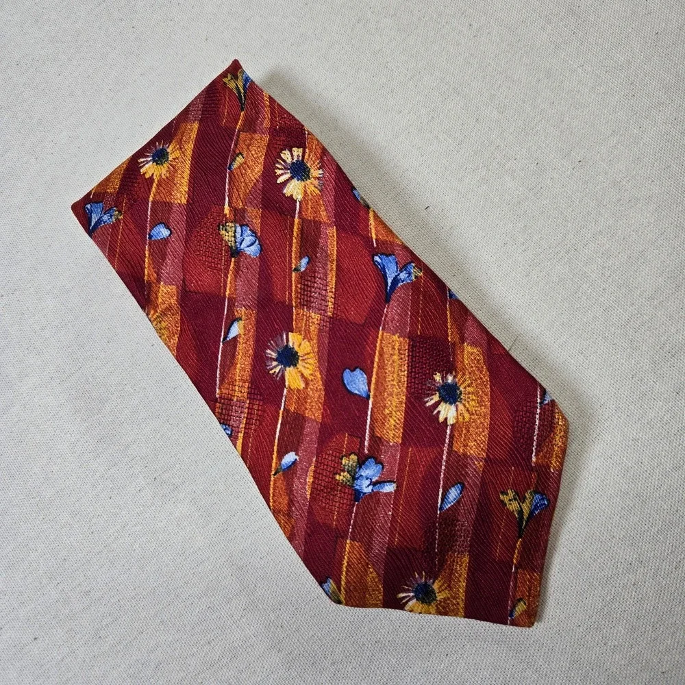 Ermenegildo Zegna Vintage Tie Silk 1990s Orange Navy Floral Made Italy‎ Designer